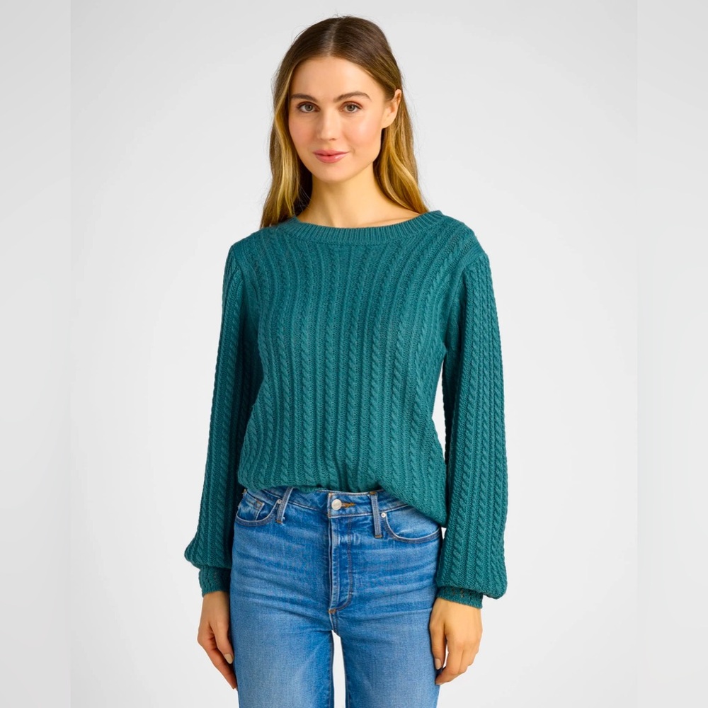 Teal Cuffed Cable Knit Sweater, Size Medium